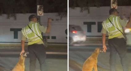Captan a policía de Mérida acariciando a lomito y enternece redes sociales: VIDEO