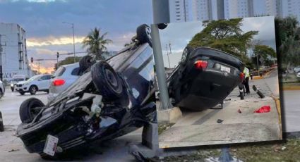 Fuerte choque deja un auto volcado, un herido y un detenido: así fue el accidente en Cancún | FOTOS